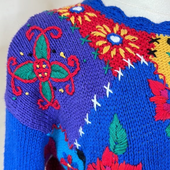 CASUAL CORNER Vintage 90s Hand Knit Patchwork Embroidered Sweater Novelty Size M - Picture 6 of 15